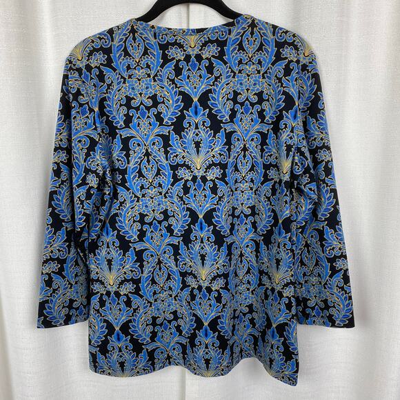 J.McLaughlin Black&Blue Leaf Print Catalina Cloth 3/4 Sleeve Blouse Sz.L - Picture 8 of 12